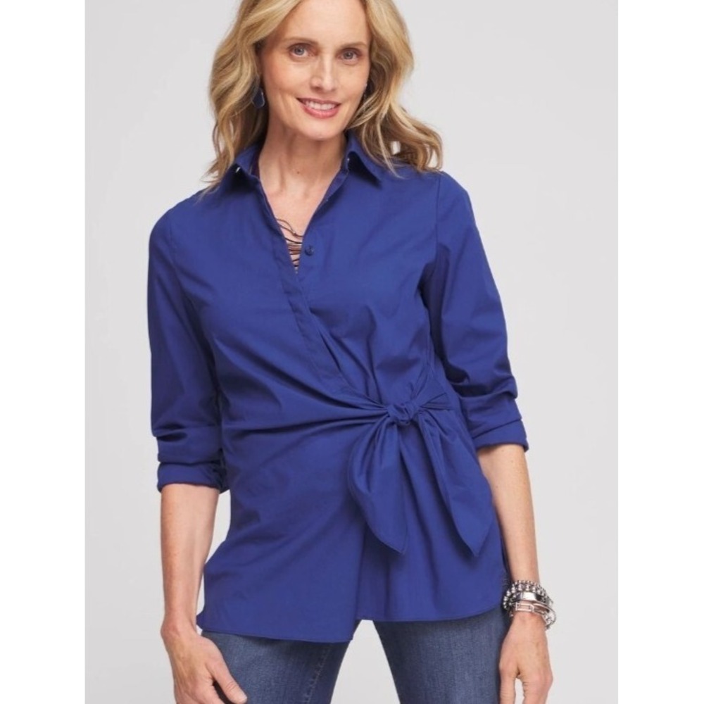 Chico's Poplin Tie Front Shirt Top Size 3.5 (18) Dark Harbor Blue NWT